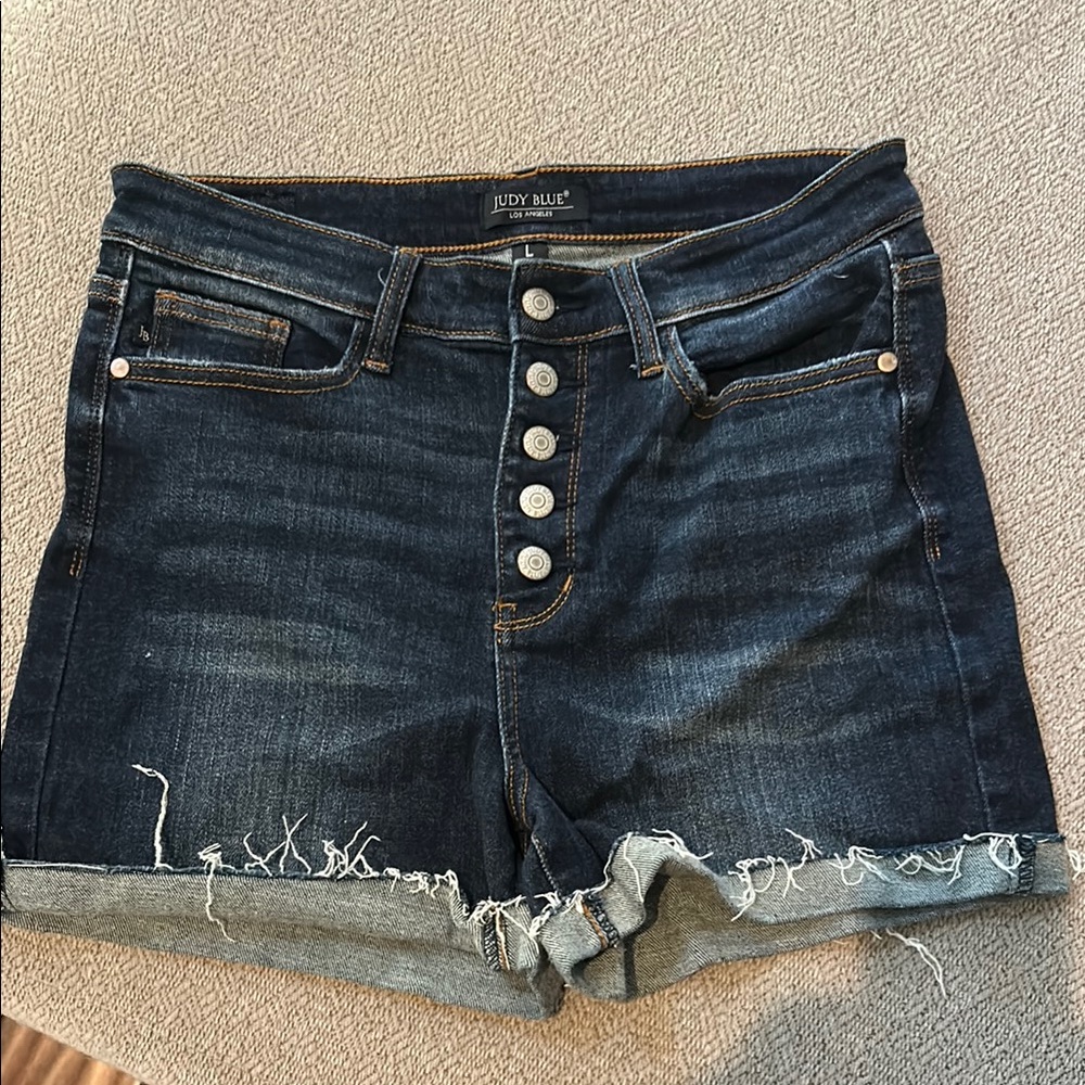 Judy Blue Blue Jean Shorts with Frayed Hem and Distressed Details